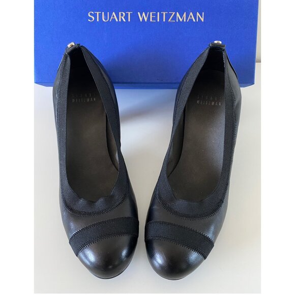 Stuart Weitzman | Black Elastic trim Leather |Pump Block Heels |Round Toe - Picture 1 of 13